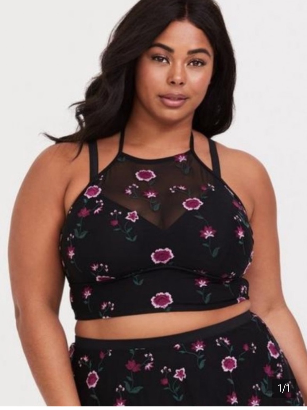 Torrid Black Floral Mesh High Neck Halter Embroidered Pink Floral Bikini Top